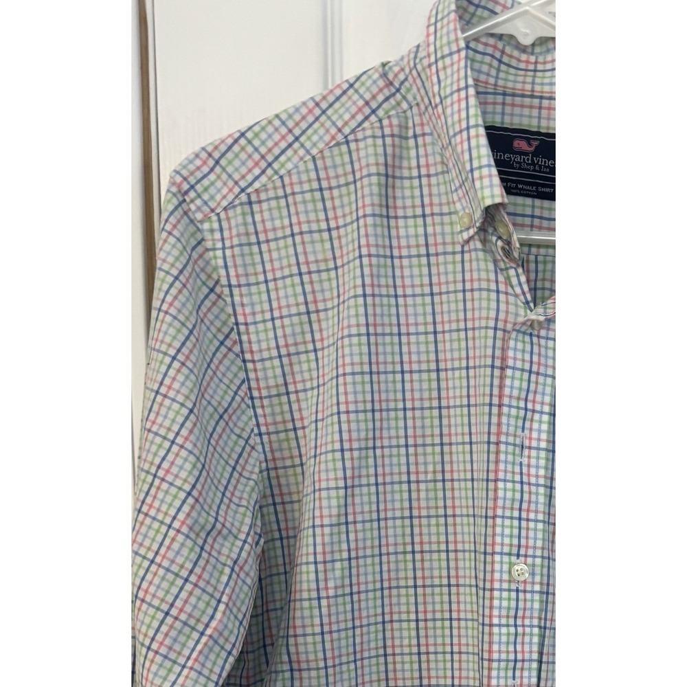 Vineyard Vines Performance Slim Fit Whale Shirt M Blue Pink Check Long/Sl‎ EUC